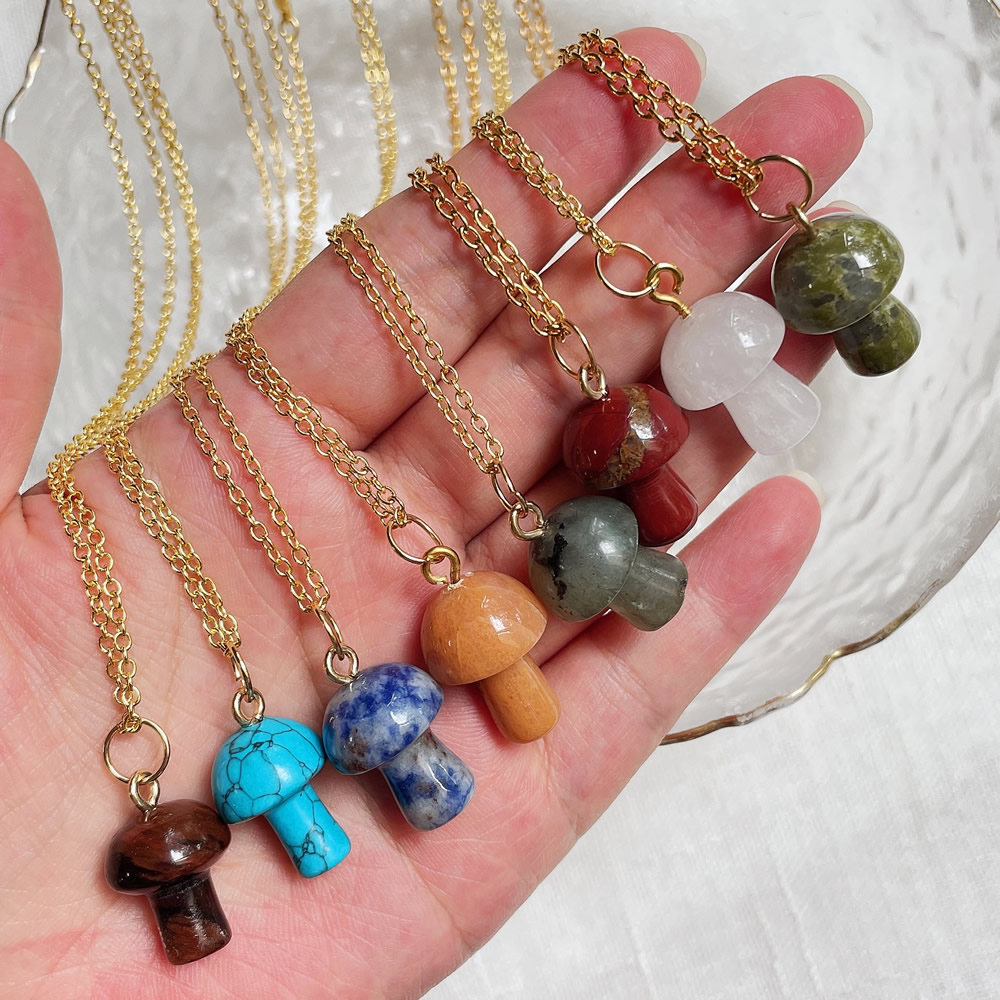 Natural Stone Carving Mushroom Shape Pendant Reiki Healing Crystal Aventurine Rose Quartz Amethyst Agate opal Necklace For Women Jewelry