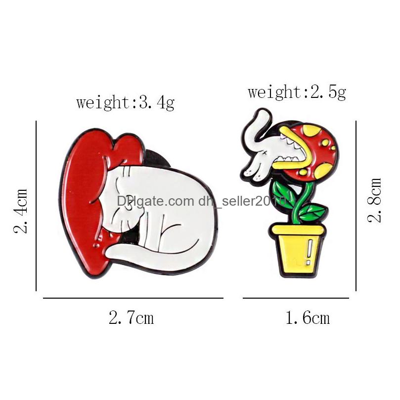 Pins Brooches Cartoon Animal Brooches For Women Big White Cat Hits My Beating Heart Enamel Paint Lapel Pins Piranha Eats Kitten Bad Dhfv3