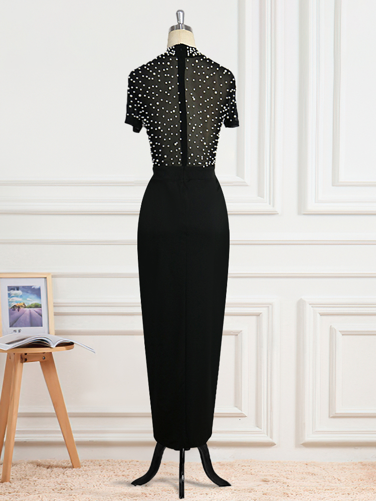 Party Dresses Sexy See Through Bodycon Warp with Bead Transparent Tops Maxi for Women White Black Date Night Clothes 221128