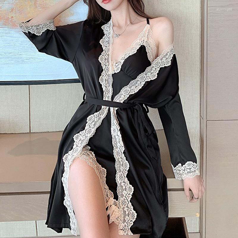 Women's Sleepwear Female Lace Trim Bathrobe Suspender Nightdress Two Piece Set Sexy Mini Rayon Wedding Robe Loose Casual Home Wear, Black b
Women's Sleepwear Female Lace Trim Bathrobe Suspender Nightdress Two Piece Set Sexy Mini Rayon Wedding Robe Loose Casual Home Wear, Black b