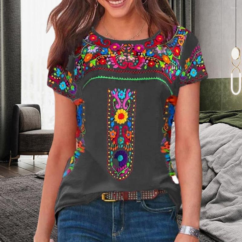 Women's Blouses Summer Women Top O-neck Short Sleeve Loose Fit T-shirt Vintage Boho Ethnic Floral Print Tee Shirt Female Clothing Workwear, Blue 
Women's Blouses Summer Women Top O-neck Short Sleeve Loose Fit T-shirt Vintage Boho Ethnic Floral Print Tee Shirt Female Clothing Workwear, Blue