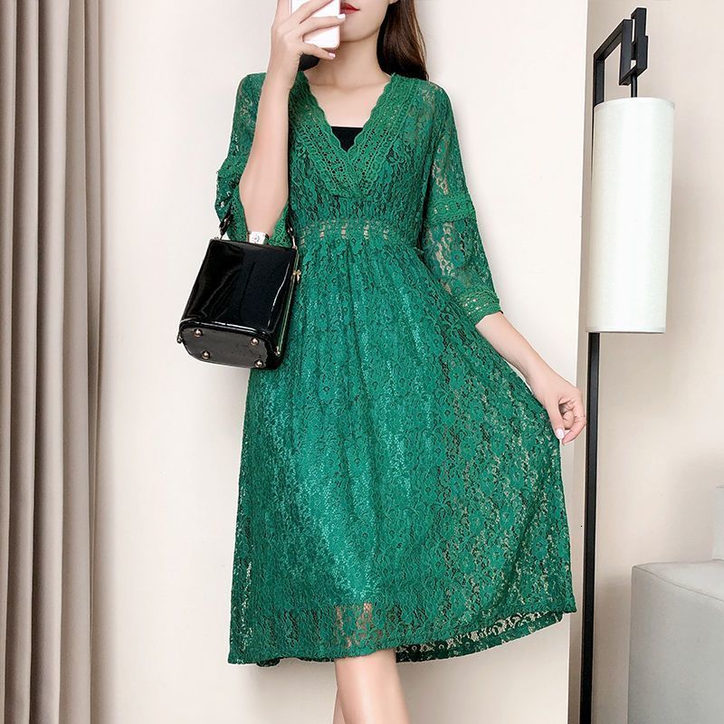 Casual Dresses VNeck Hollow Out Half Sleeve Fairycore Kneelength Dresses Floral Lace Spring Summer Empire Pullover Slender Women's Clothing 22112