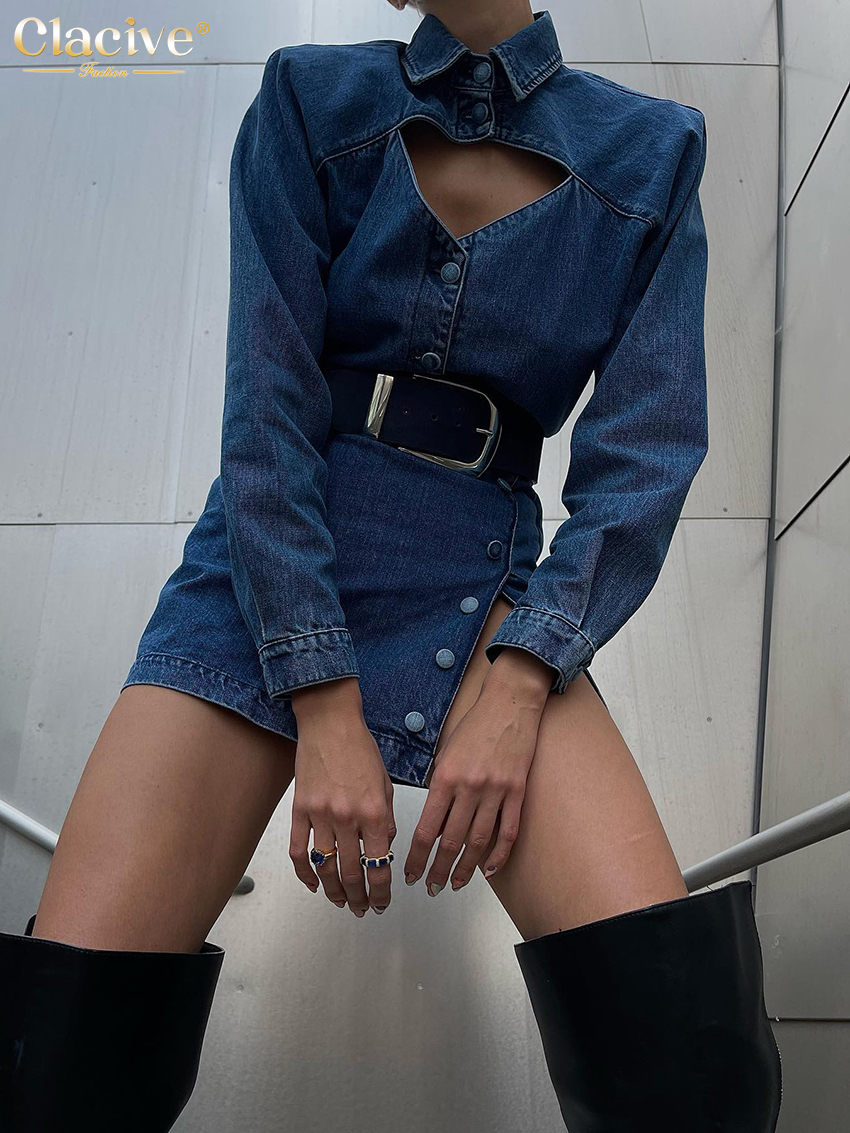 Casual Dresses Clacive Sexy Blue Denim Mini Bodycon Lapel Long Sleeve Fashion Slim Hollow Out Slit Party For Women 221125
Casual Dresses Clacive Sexy Blue Denim Mini Bodycon Lapel Long Sleeve Fashion Slim Hollow Out Slit Party For Women 221125