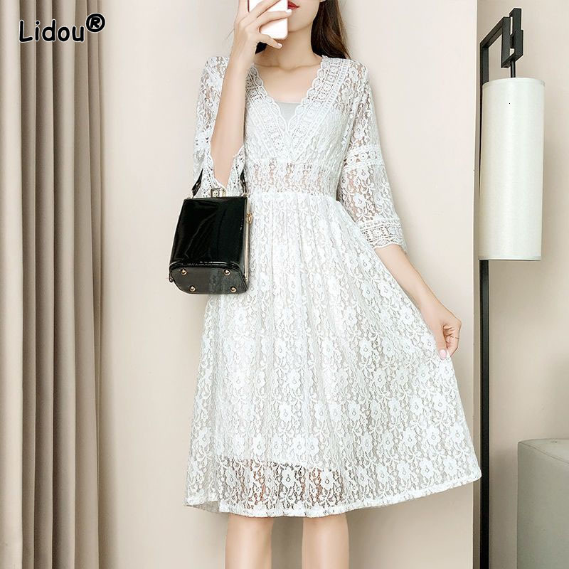 Casual Dresses VNeck Hollow Out Half Sleeve Fairycore Kneelength Dresses Floral Lace Spring Summer Empire Pullover Slender Women's Clothing 22112
