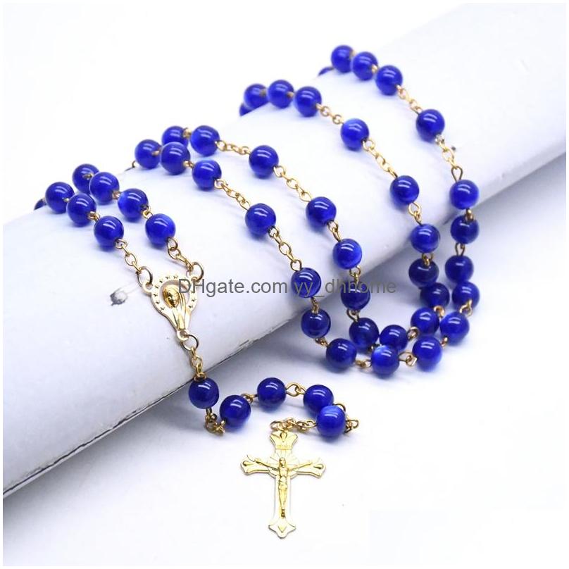 Religious Blue Resin Beaded Rosary Pendant Necklaces Gold Color Jesus Cross Charm Prayer Christian Jewelry Gifts For Men Women Drop Shipping Bijoux Wh