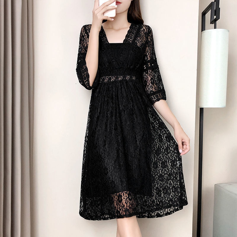 Casual Dresses VNeck Hollow Out Half Sleeve Fairycore Kneelength Dresses Floral Lace Spring Summer Empire Pullover Slender Women's Clothing 22112