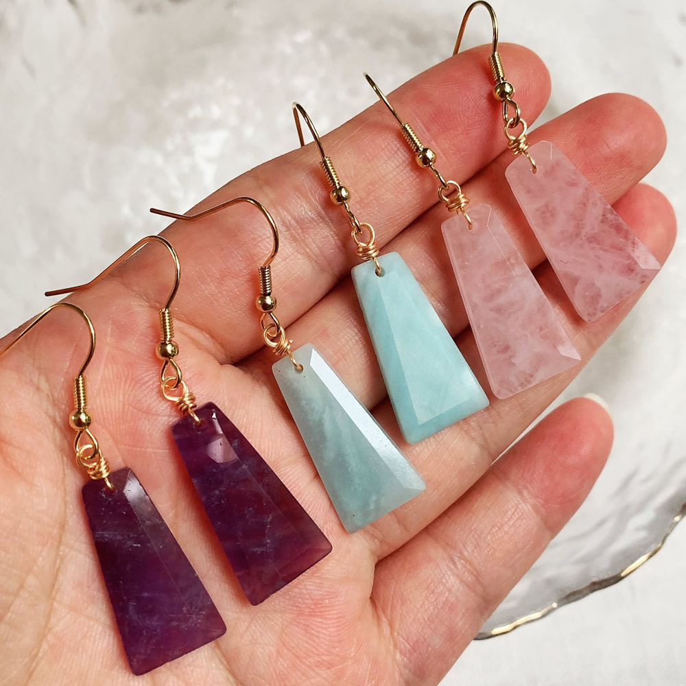 Natural Crystal Stone Dangle Earrings for Women Geometric Charm Shiny Obsidian Amethyst Lapis Pink Reiki Crystal Earring