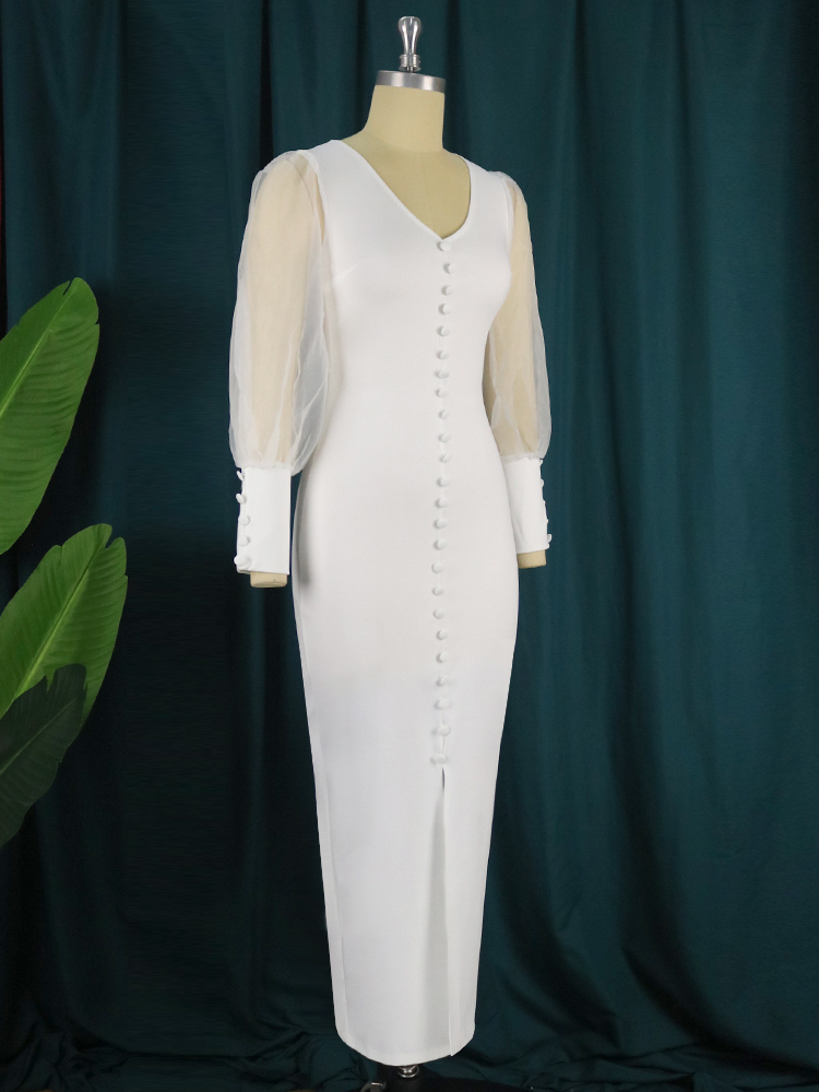 Party Dresses Chic Women Bodycon Long Prom Tulle See Through Sleeve Buttons Slit Tight Sexy Night Club Evening Outfits 221128