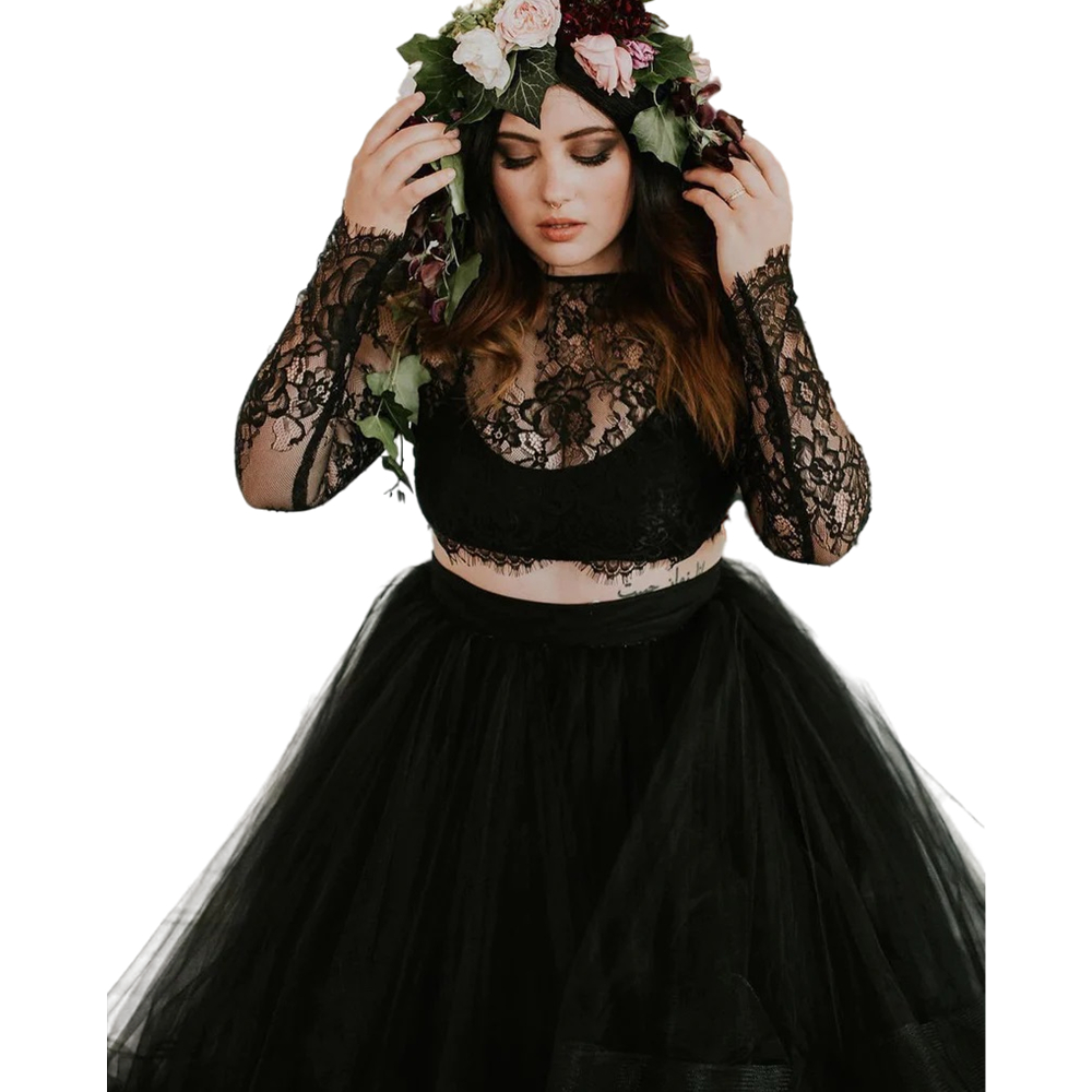 Two Pieces Black Gothic Wedding Dresses Bridal Gowns Long Sleeves Illusion Summer Boho Beach Tiered Piping Long Skirt Vintage Vestido De Novia 2023