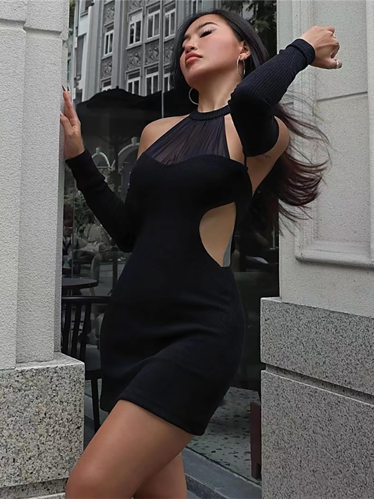 Casual Dresses Articat Women Sexy Cut Out Mini Dress Halter O Neck Mesh Black Long Sleeve Fashion Backless Slim Bodycon Autumn Winter Clubwear 221126