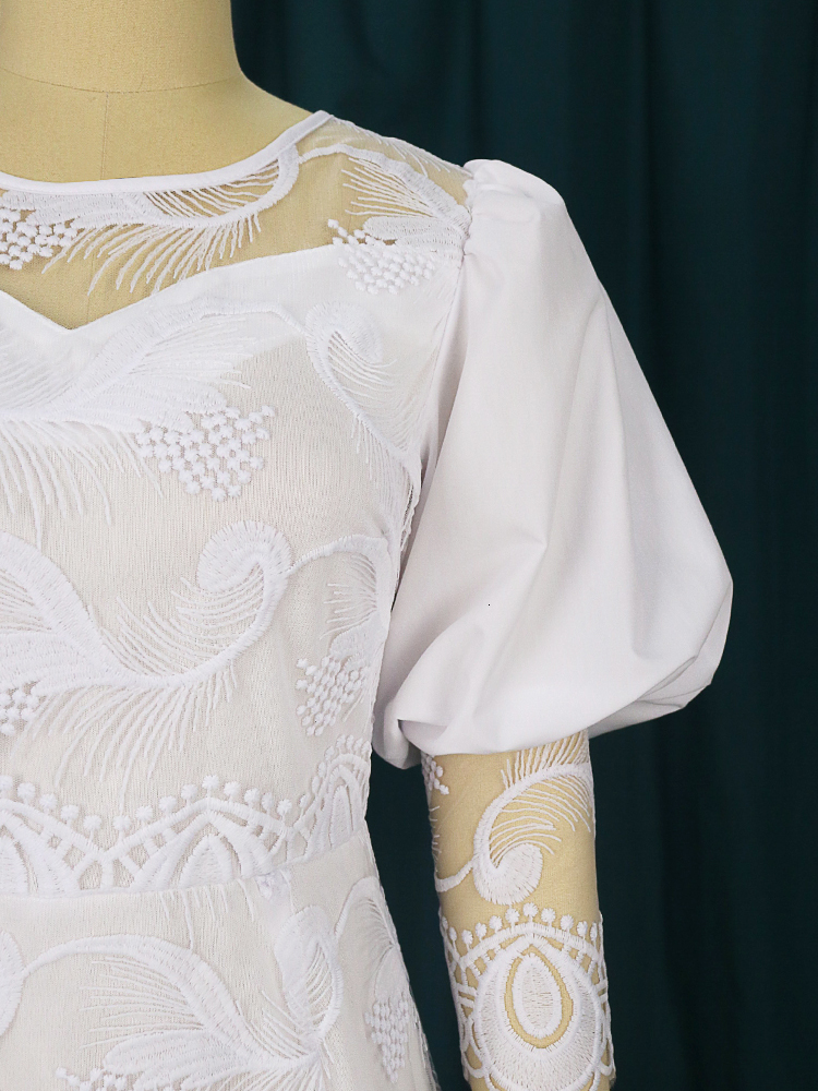 Party Dresses Elegant Women White Lace Puff Sleeve Embroidery Pencil Large Size 4XL Ladies Wedding Birthday Dinner Evening Clothes 221128