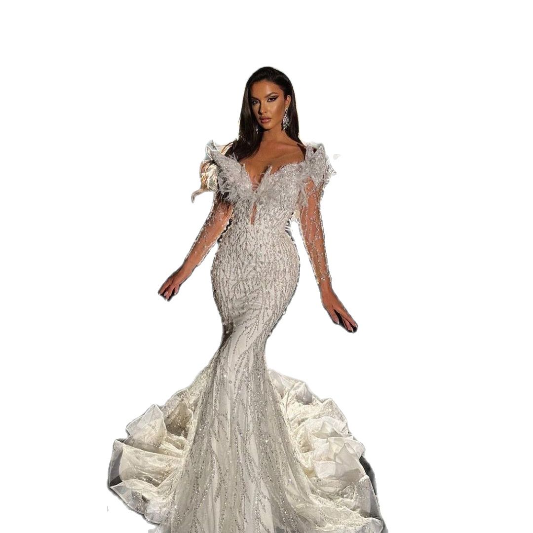 Luxury Feather Pearls Wedding Dresses V Neck Mermaid Bride Gown Illusion Beads Sequins Lace Robe De Mariee Custom Made