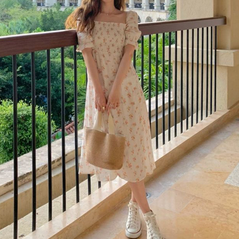 Casual Dresses Square Collar Floral Split Fork Folds Dress Woman's Retro High Waist Slim Midlength Dress Women Fashion Beach Dresses Woman 221126