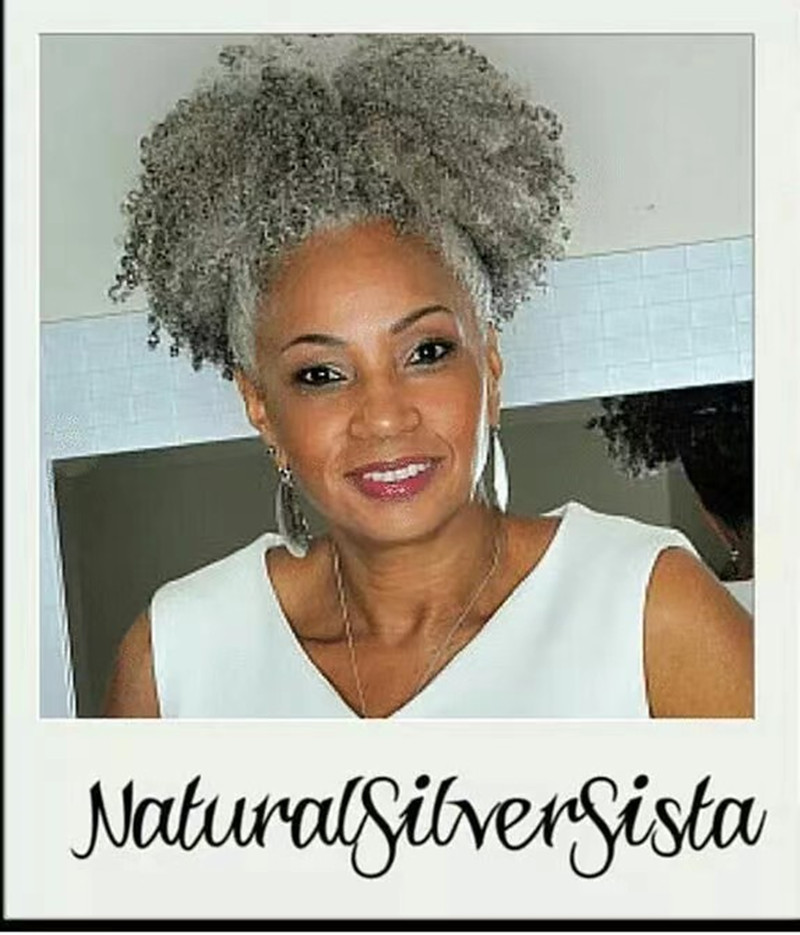 Naturally silver grey ponytails gray kinky curly salt and pepper pony tail real human drawstring clip in puff bun updo for elegant older woman 120g