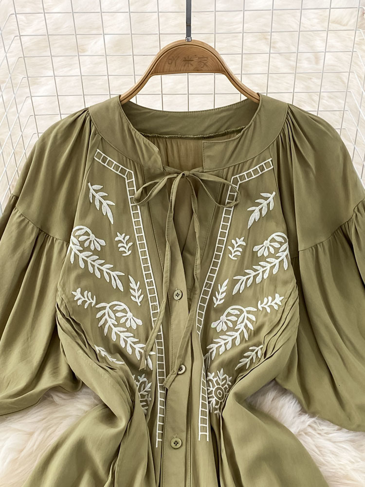 Casual Dresses Summer Retro Temperament Embroidered Vneck Singlebreasted Loose Dress Female Elegant Large Swing Vestidos Women D1575 221126