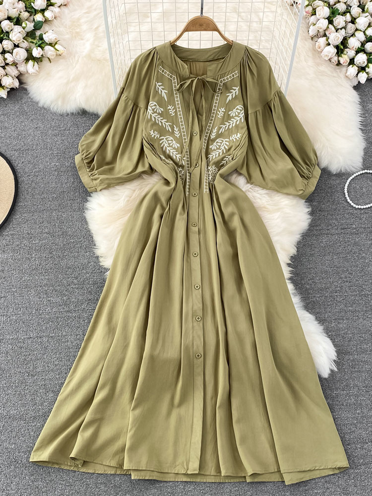 Casual Dresses Summer Retro Temperament Embroidered Vneck Singlebreasted Loose Dress Female Elegant Large Swing Vestidos Women D1575 221126