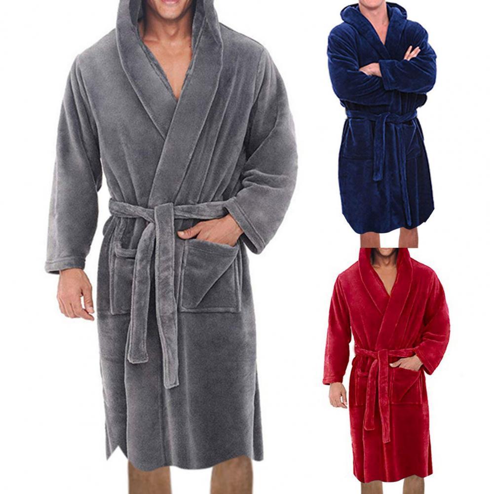 Men's Sleepwear Graceful Bath Robe Autumn Winter Pajamas Solid Color Hooded Pockets Men Plush Comfortable 221124