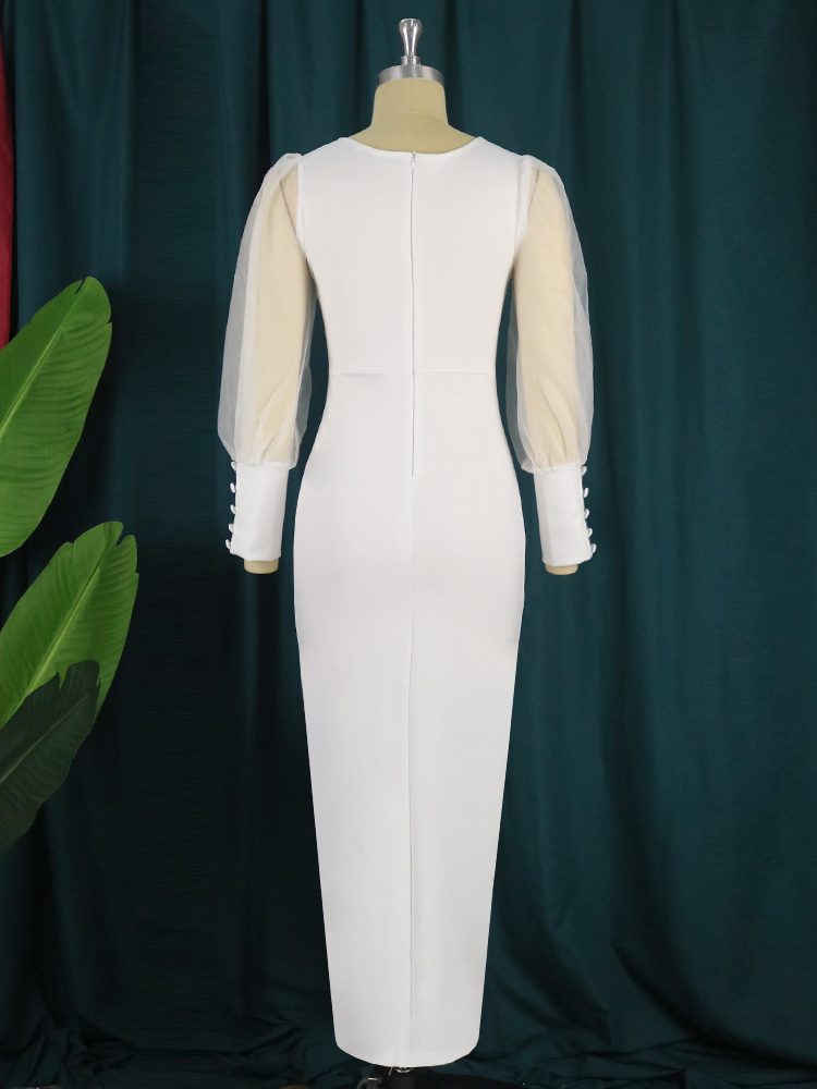 Party Dresses Chic Women Bodycon Long Prom Tulle See Through Sleeve Buttons Slit Tight Sexy Night Club Evening Outfits 221128