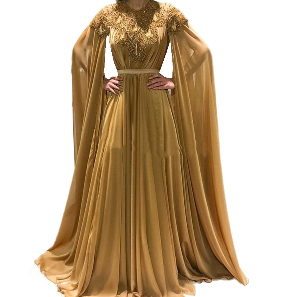 Elegant Muslim Gold Evening Dresses Appliques Shiny Beaded Cape Long Sleeves A Line Floor Length Prom Party Gowns Arabic Dubai Islamic Formal Wear 202