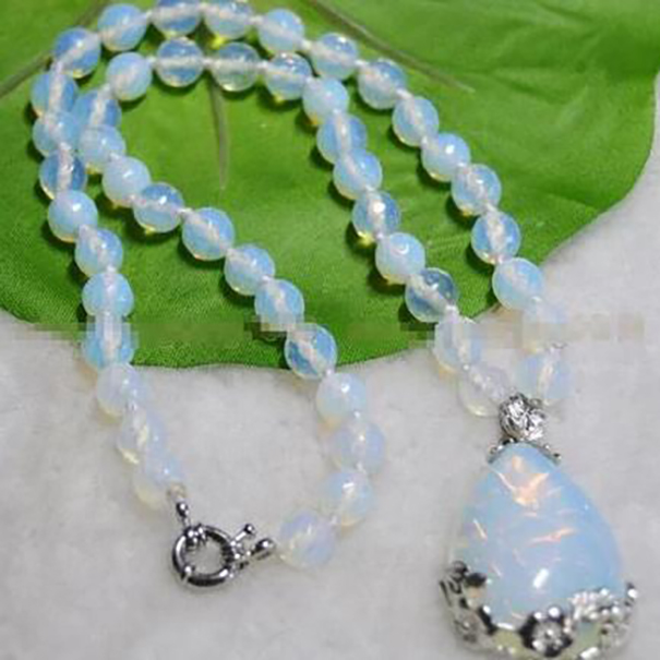 New 8mm Faceted Moonstone Round Beads White Pendant Necklace 18"