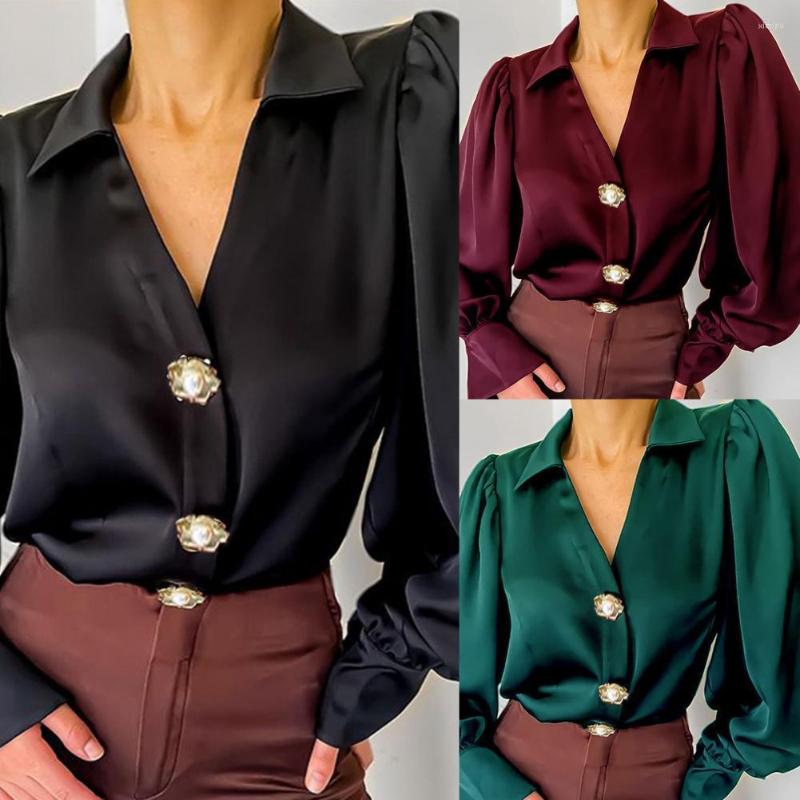 Women' Blouses Elegant Women Shirt V Neck Lantern Sleeve Spring Autumn Satin Surface Buttons Loose Lapel Ladies Blouse For Office, Black
Women' Blouses Elegant Women Shirt V Neck Lantern Sleeve Spring Autumn Satin Surface Buttons Loose Lapel Ladies Blouse For Office, Black