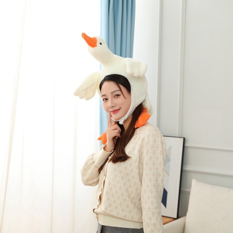 BeanieSkull Caps Funny Cartoon White Goose Plush Toy Headgear Hat Cute Stage Performance Props Headcover Cap Party Cosplay Headwear Beanies Cap 221128