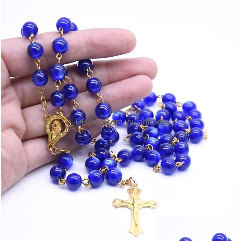 Religious Blue Resin Beaded Rosary Pendant Necklaces Gold Color Jesus Cross Charm Prayer Christian Jewelry Gifts For Men Women Drop Shipping Bijoux Wh