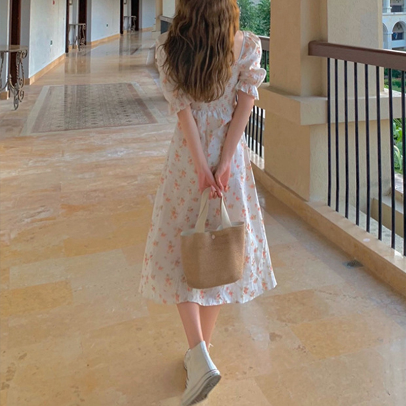 Casual Dresses Square Collar Floral Split Fork Folds Dress Woman's Retro High Waist Slim Midlength Dress Women Fashion Beach Dresses Woman 221126