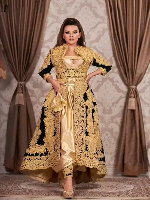 Gothic Traditional Evening Dresses Kosovo Albanian Caftan Black Long Sleeves Gold Applique Plus Size Prom Dress For Arabic Women Vestido De