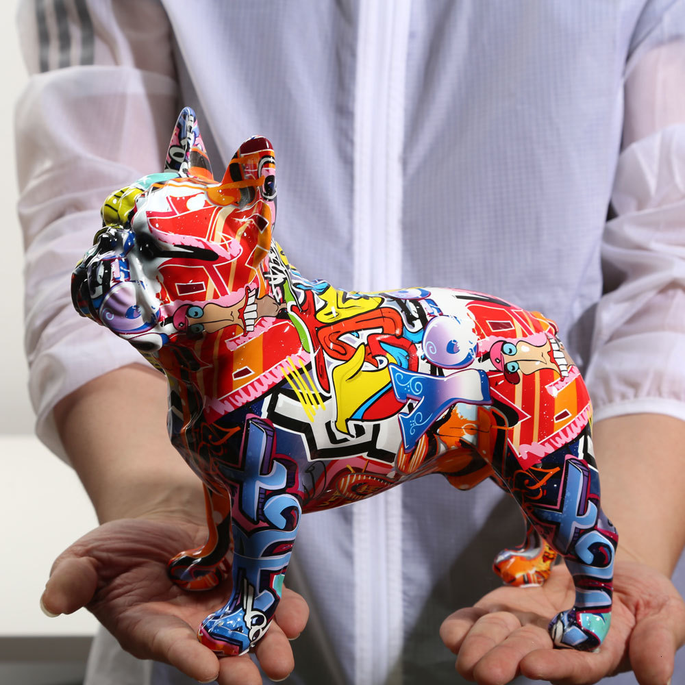 Creativity Modern Art Colorful French Bulldog Statue Wholesale Graffiti Office Ornaments Printing Resin Dog Home Decor Crafts 221126