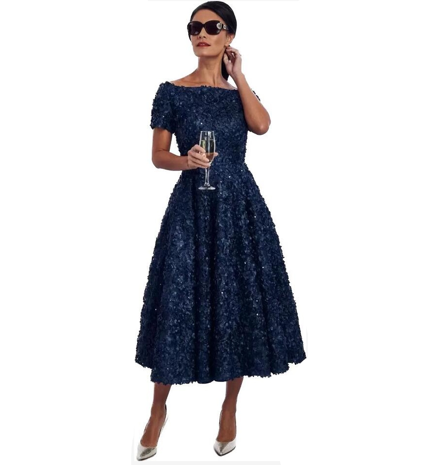 2023 Elegent House Of Mooshki Mother of The Bride Dress Short Sleeve Applique Crystal Ruched Wedding Guest Dresss Tea Length Evening Gown GB1128