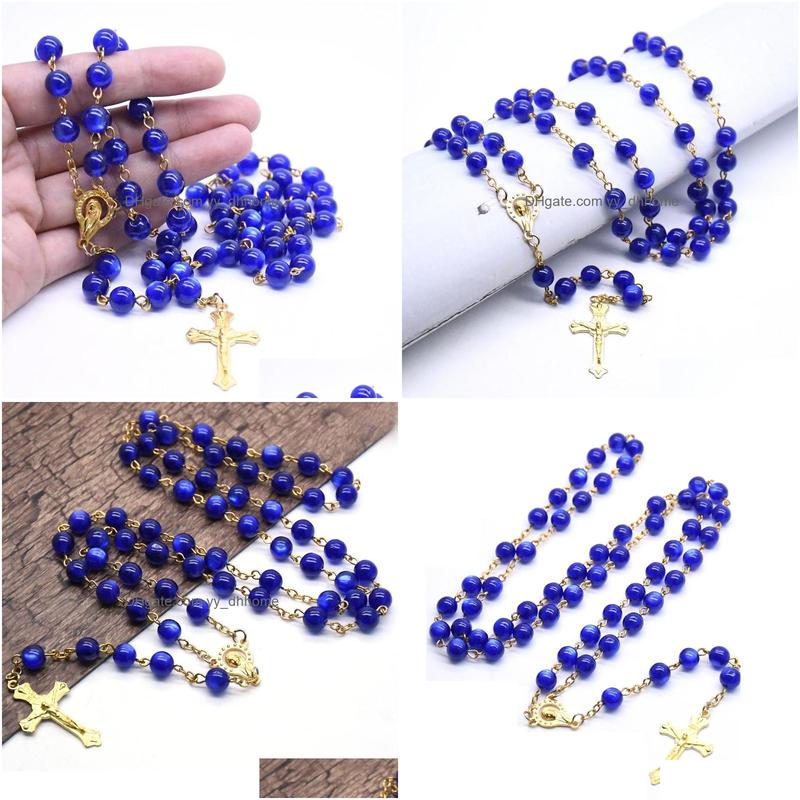 Religious Blue Resin Beaded Rosary Pendant Necklaces Gold Color Jesus Cross Charm Prayer Christian Jewelry Gifts For Men Women Drop Shipping Bijoux Wh