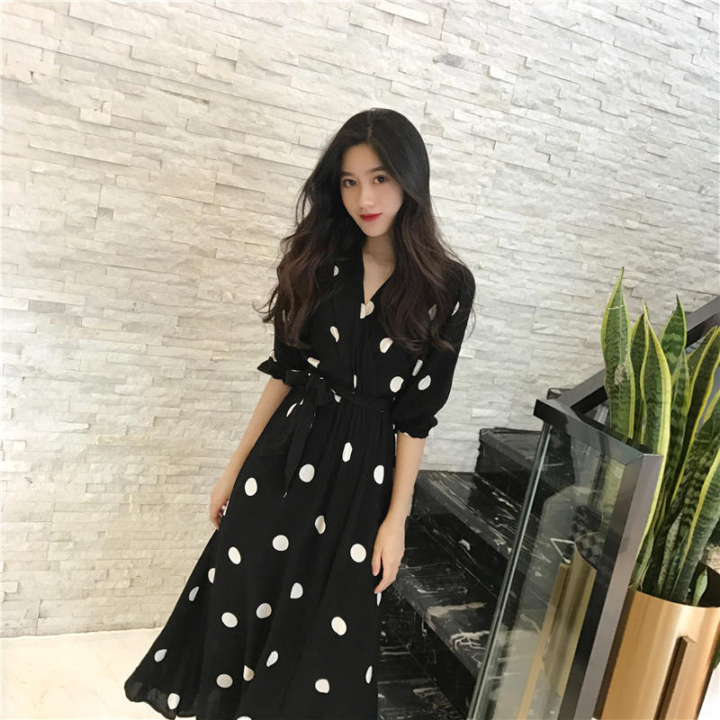 Casual Dresses SuperAen Summer Women's Dress Korean Style Fashion Vneck Ladies Long Dress Casual Half Sleeve Dot Dress Female 221126