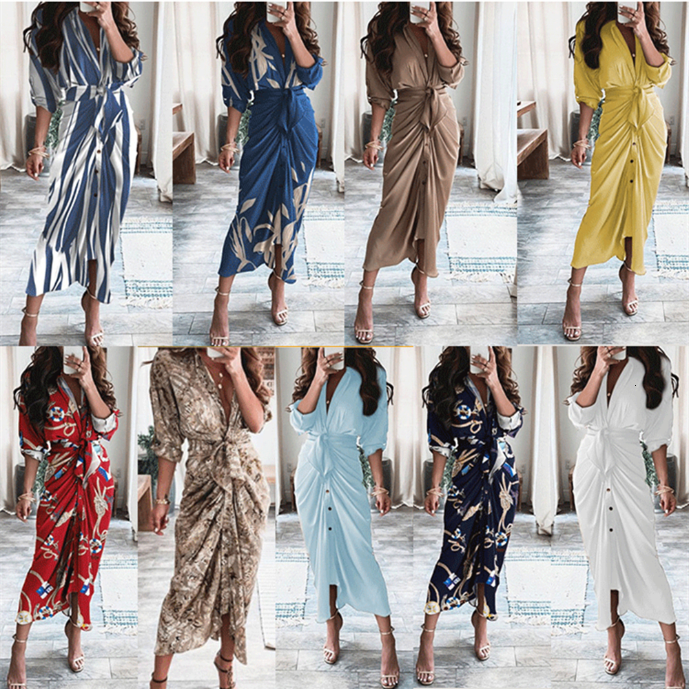 Casual Dresses Women Spring Autumn Elegant Button Ruched Bandage Shirt Dress Femme Casual Short Sleeve Solid V Neck Beach Maxi Dress Vestidos 221126