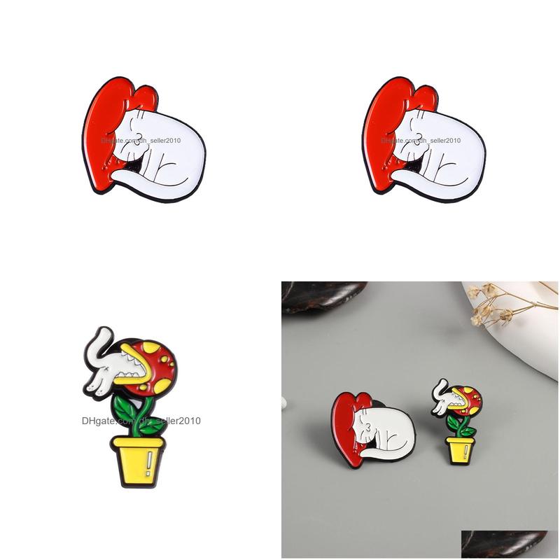 Pins Brooches Cartoon Animal Brooches For Women Big White Cat Hits My Beating Heart Enamel Paint Lapel Pins Piranha Eats Kitten Bad Dhfv3