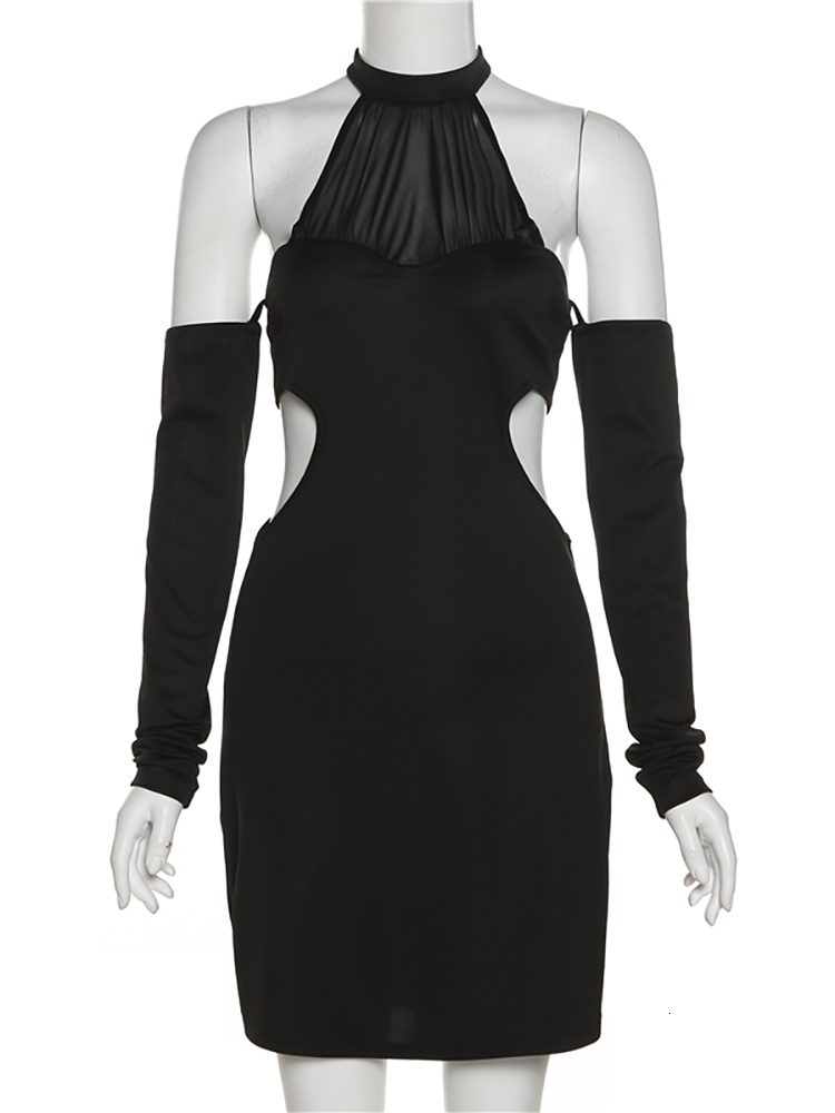 Casual Dresses Articat Women Sexy Cut Out Mini Dress Halter O Neck Mesh Black Long Sleeve Fashion Backless Slim Bodycon Autumn Winter Clubwear 221126