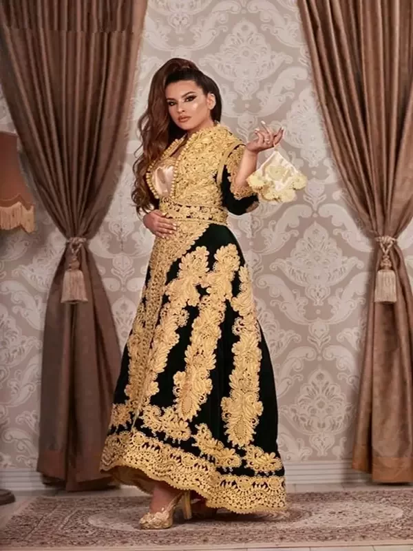Gothic Traditional Evening Dresses Kosovo Albanian Caftan Black Long Sleeves Gold Applique Plus Size Prom Dress For Arabic Women Vestido De