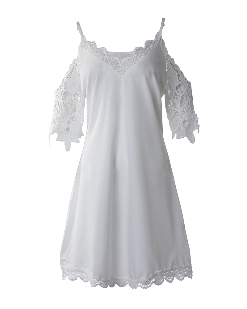 Casual Dresses Summer Women Casual Loose Daily Vacation White Dress Half Sleeve Cold Shoulder Contrast Lace Casual Dress 221126