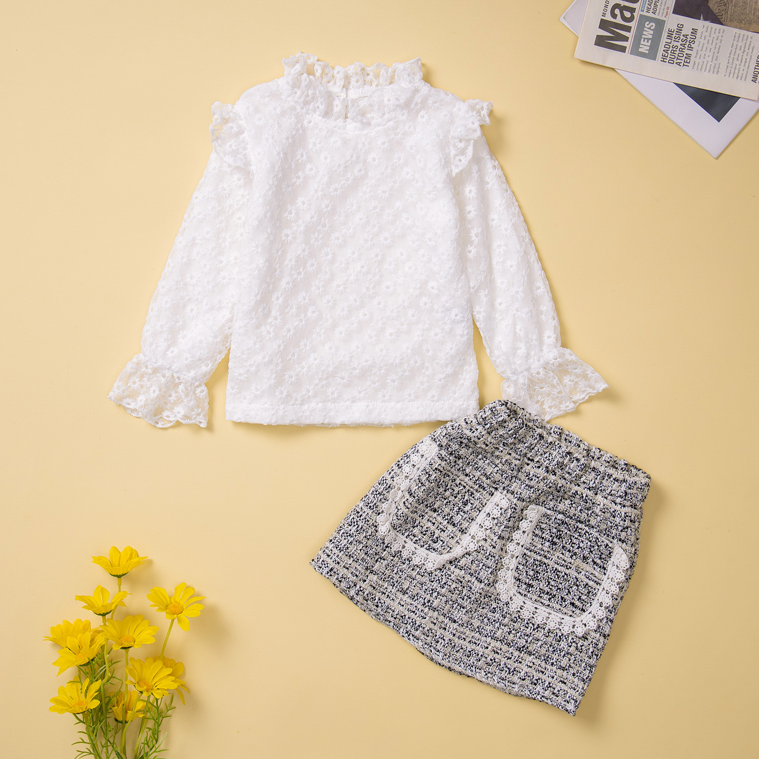 2pcs autumn children clothes set girls long sleeve shirt a line skirts outfit baby lace flower shirt, As picture
2pcs autumn children clothes set girls long sleeve shirt a line skirts outfit baby lace flower shirt, As picture
