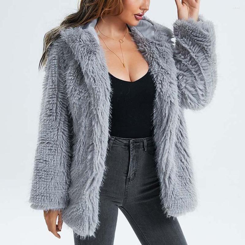 

Women' Fur Winter Women Faux Thick Warm Jacket Coat Solid Loose Hooded Zipper Closure Full Sleeve Fashion Elegant Female Outwears, Grey outwear