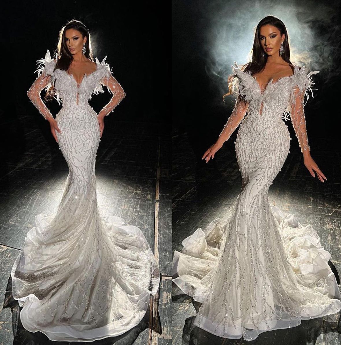 Feathers Pearls Mermaid Wedding Dresses Lace Sheer Neck Jewel Bridal Gown Custom Made Illusion Luxury Wedding Gowns, Same as image
Feathers Pearls Mermaid Wedding Dresses Lace Sheer Neck Jewel Bridal Gown Custom Made Illusion Luxury Wedding Gowns, Same as image