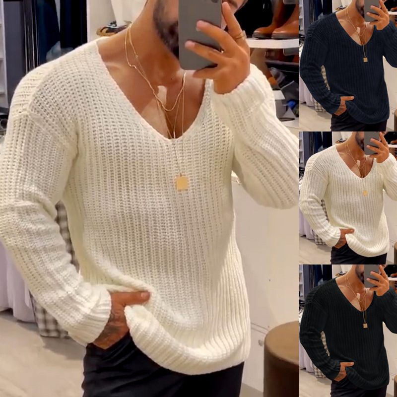 Mens Casual VNeck Solid Sweater Autumn Winter Fashion Knitted Pullover Tops For Men Harajuku Long Sleeve Jumper Streetwear 220817