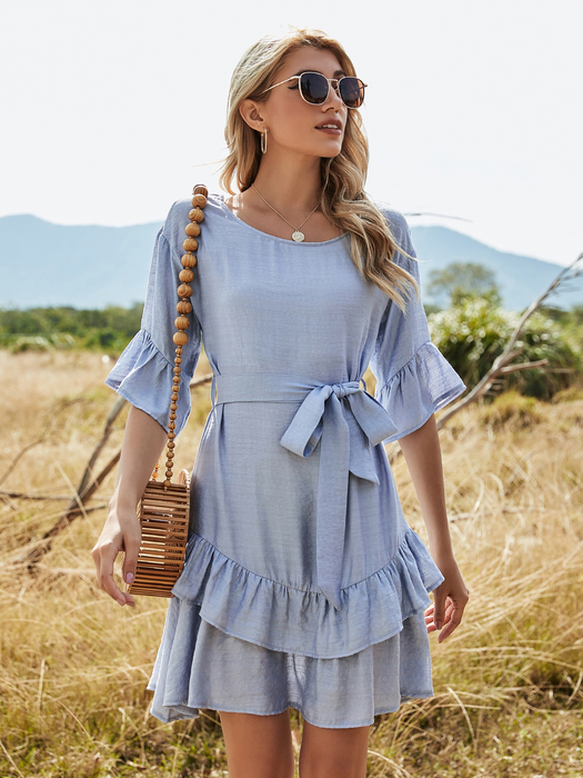 

Casual Dresses Solid Boho Ruffle Hem Belted Dresses Women Round Neck Plain Tiered Layer Smock Round Neck Half Flounce Sleeve 221126, Blue