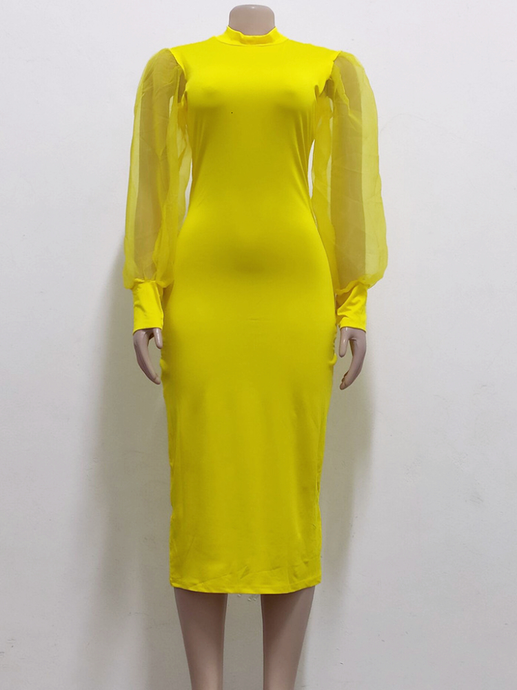 Party Dresses Elegant Women Yellow Bodycon Dress Long See Through Sleeve Tulle Stitching High Neck Slim Fit Large Size Clothes 221128