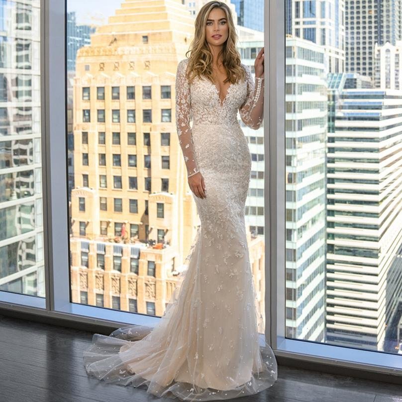 Mermaid Champagne Wedding Dresses Bride Gown Deeep V Neck Long Sleeves Lace Appliques Bridal Gowns Plus Size Overskirts Detachable Train Trumpet S