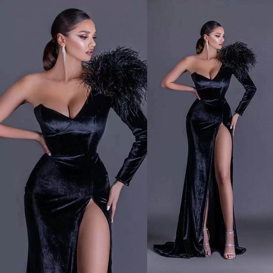 Designer Black Mermaid Prom Dresses with Feather Backless One Shoulder High Side Split Floor Length Formal Evening Party Gowns Custom Made Robe de Soi