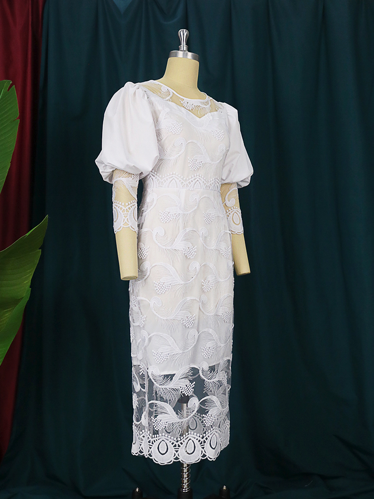 Party Dresses Elegant Women White Lace Puff Sleeve Embroidery Pencil Large Size 4XL Ladies Wedding Birthday Dinner Evening Clothes 221128