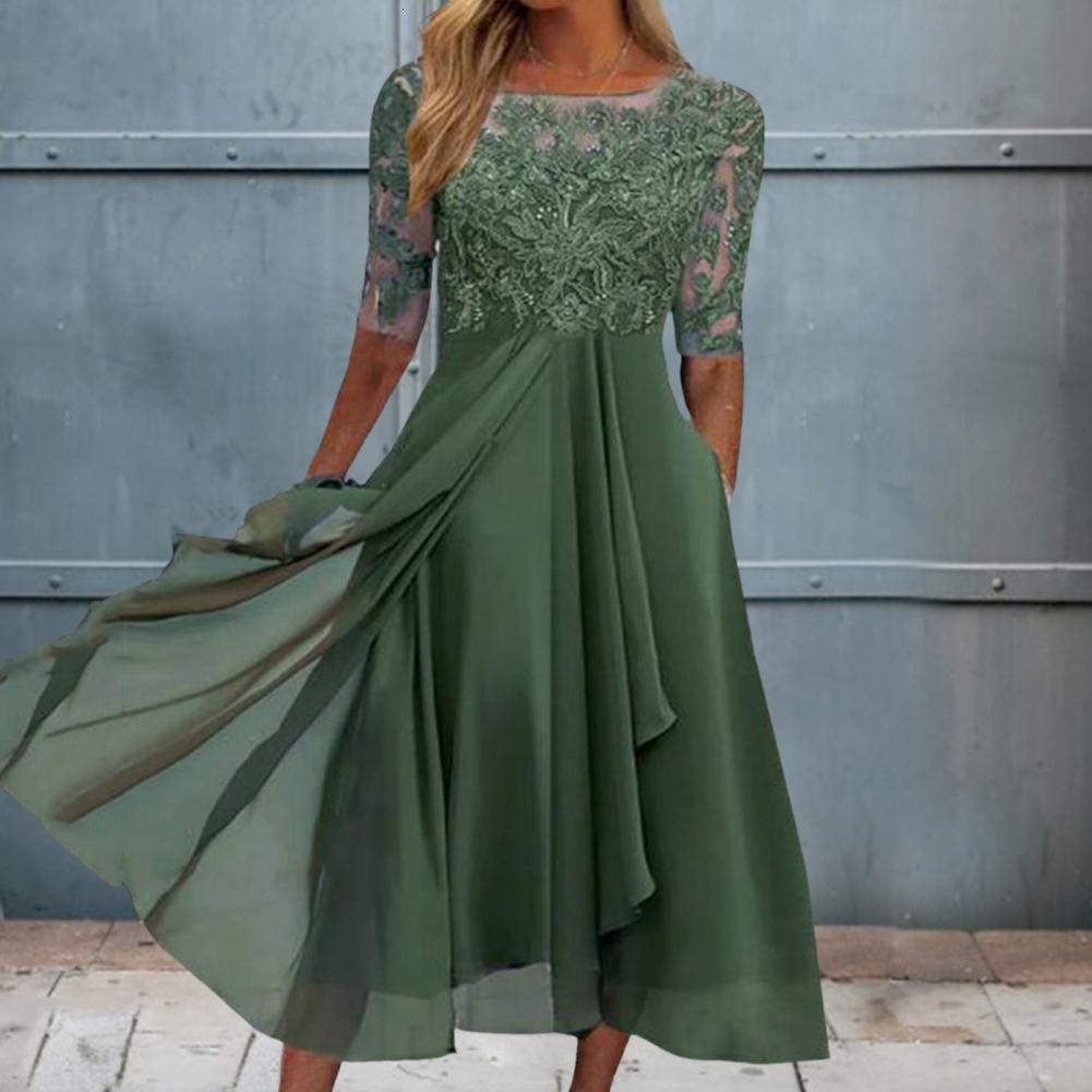 Casual Dresses Bridesmaid Dress Hidden Zipper Midcalf Length Breathable Elegant Crochet Lace Chiffon Patchwork Guest Midi Dress 221126