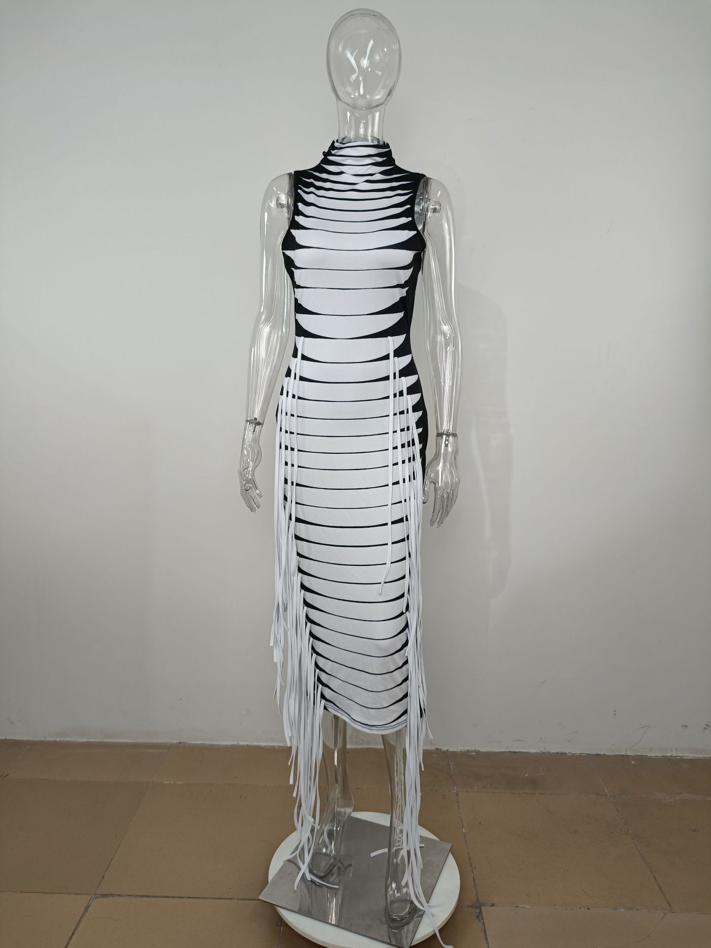 Party Dresses Women Tank Bodycon Turtleneck Tight Midi Length Zebra Print Tassel Dress Elegant Ladies Trendy Event Outfits 221128