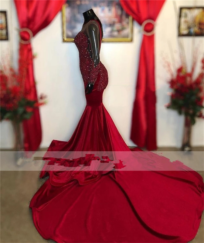 Red Beaded Appliques Velvet Prom Dresses Illusion Long Sleeve backless aso ebi fishtail Evening Dress Mermaid Black Girl